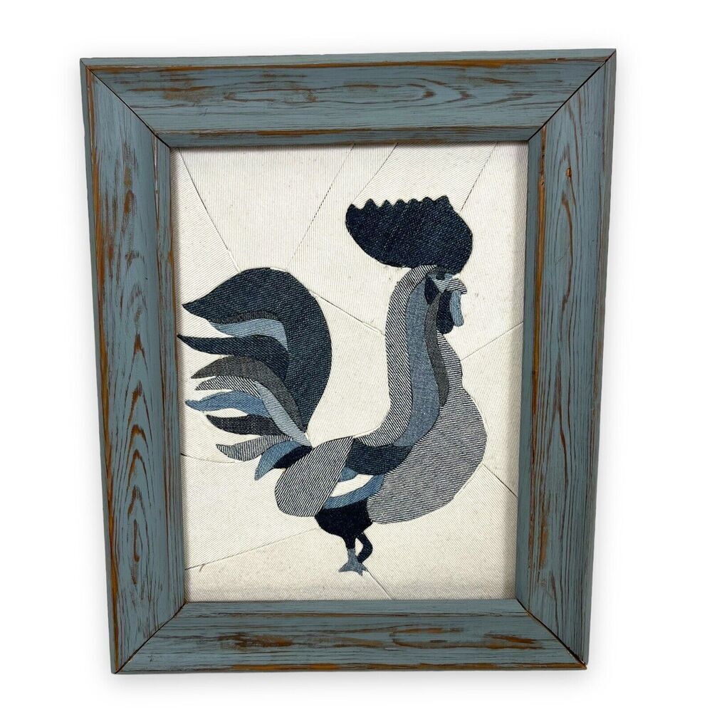 Handmade Rooster Fabric Collage Framed Artwork Patchwork - Picture 1 of 16